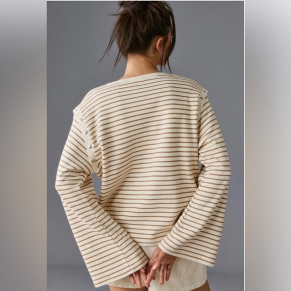 Anthropologie Maeve Women's Slouchy Striped Long Sleeve Shirt Cream Tan Medium - Picture 2 of 11